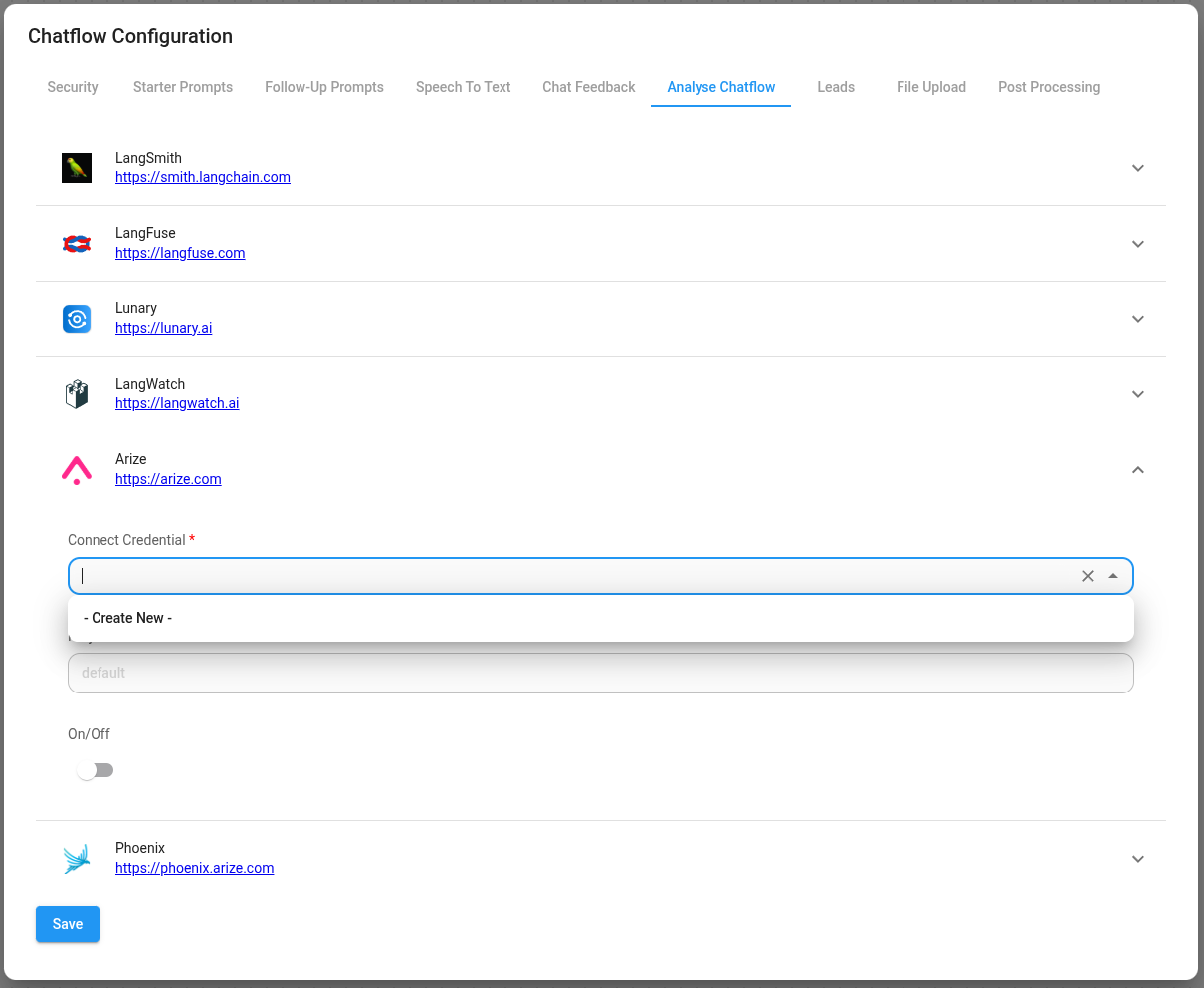Screenshot of an analytics provider with credentials fields expanded