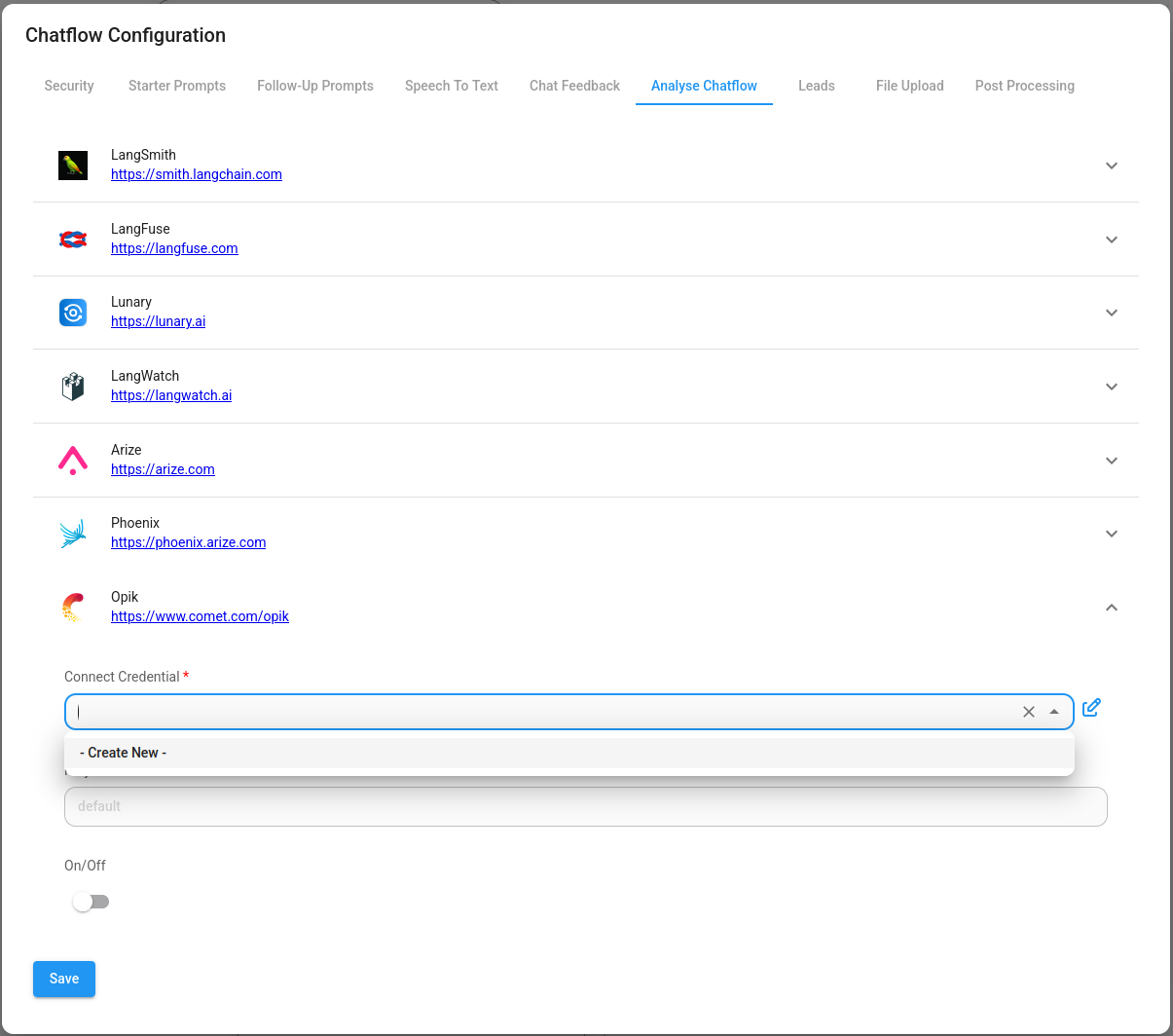 Screenshot of an analytics provider with credentials fields expanded